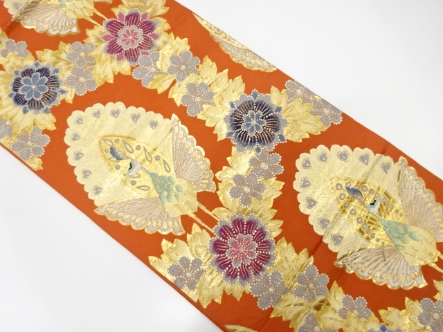 アンティーク　孔雀に花模様織り出し袋帯（着用可）